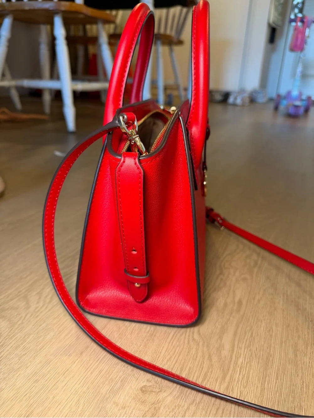 Michael Kors Bright Red Leather Satchel with Gold Accent